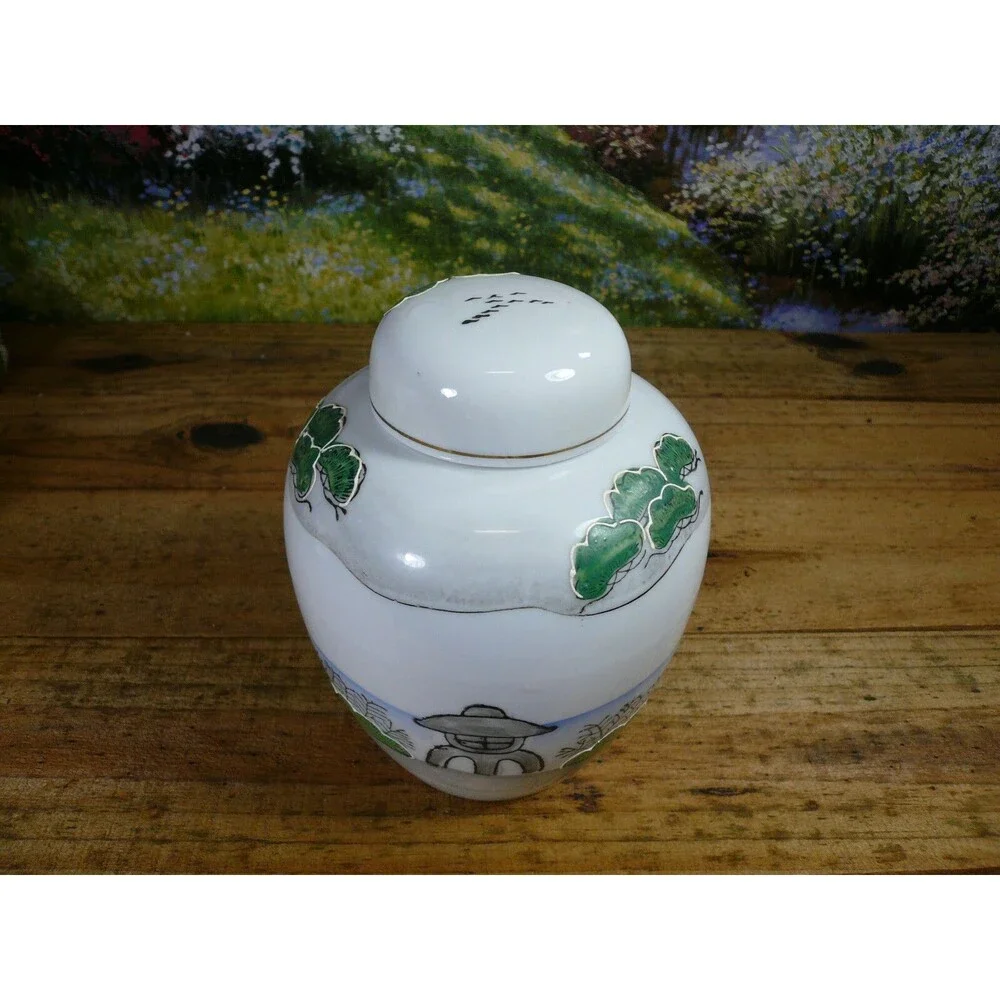 Japanese Moriage Handpainted Porcelain Ginger Jar Woman & Girl in Garden
